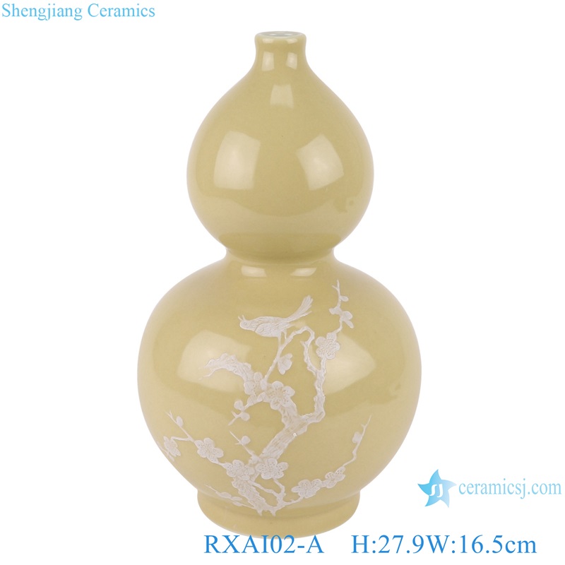 Yellow Glazed White Plum flower and bird Carved Gourd shape Ceramic tabletop Vase