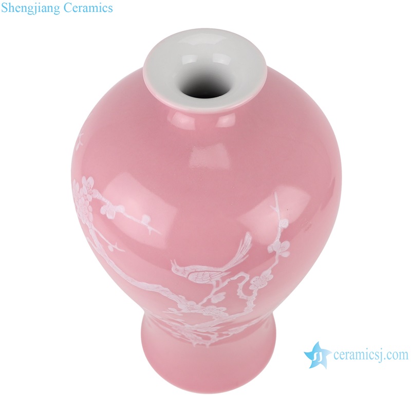 RXAI03-A/RXAI03-B Green and Pink color glazed Porcelain White Plum Flower Bird Carved Pattern Ceramic Vase