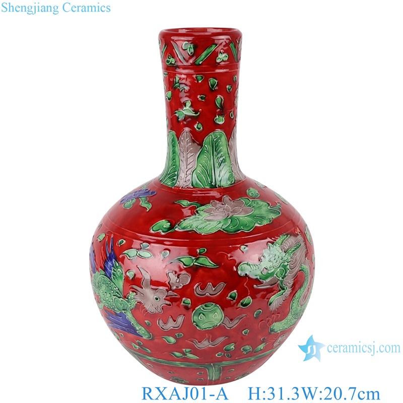 Carved dragon and phoenix Mandarin ducks playing Porcelain Yellow Red Blue Green Lotus Pattern Ceramic Globular Vase