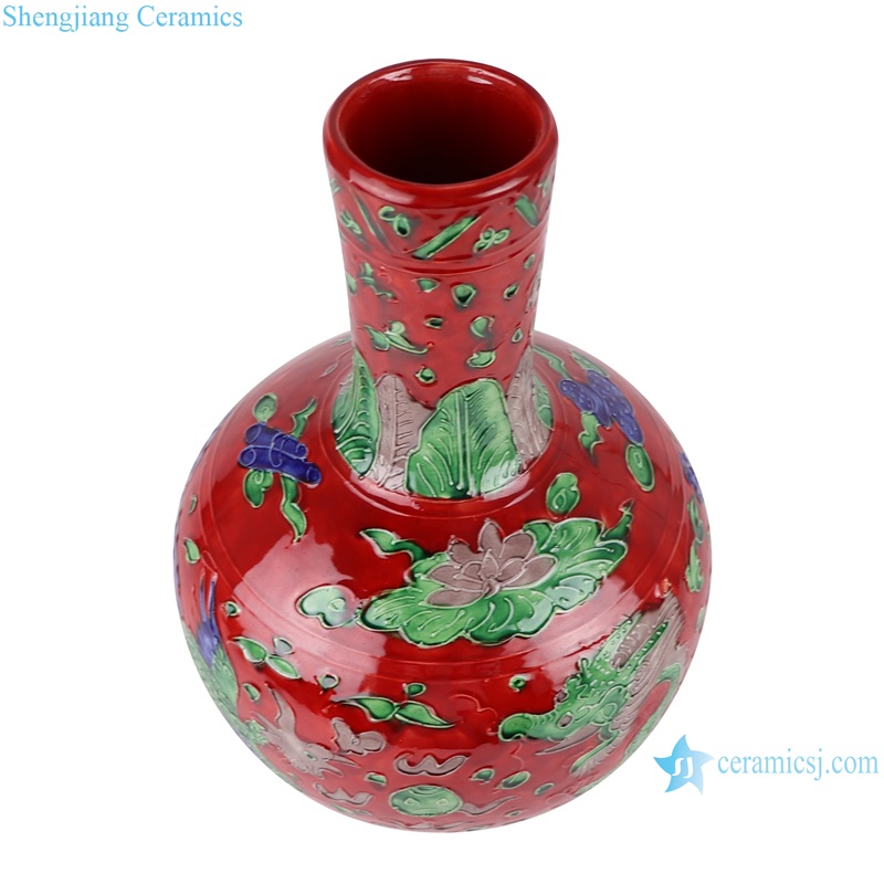 RXAJ01 Carved dragon and phoenix Mandarin ducks playing Porcelain Yellow Red Blue Green Lotus Pattern Ceramic Globular Vase