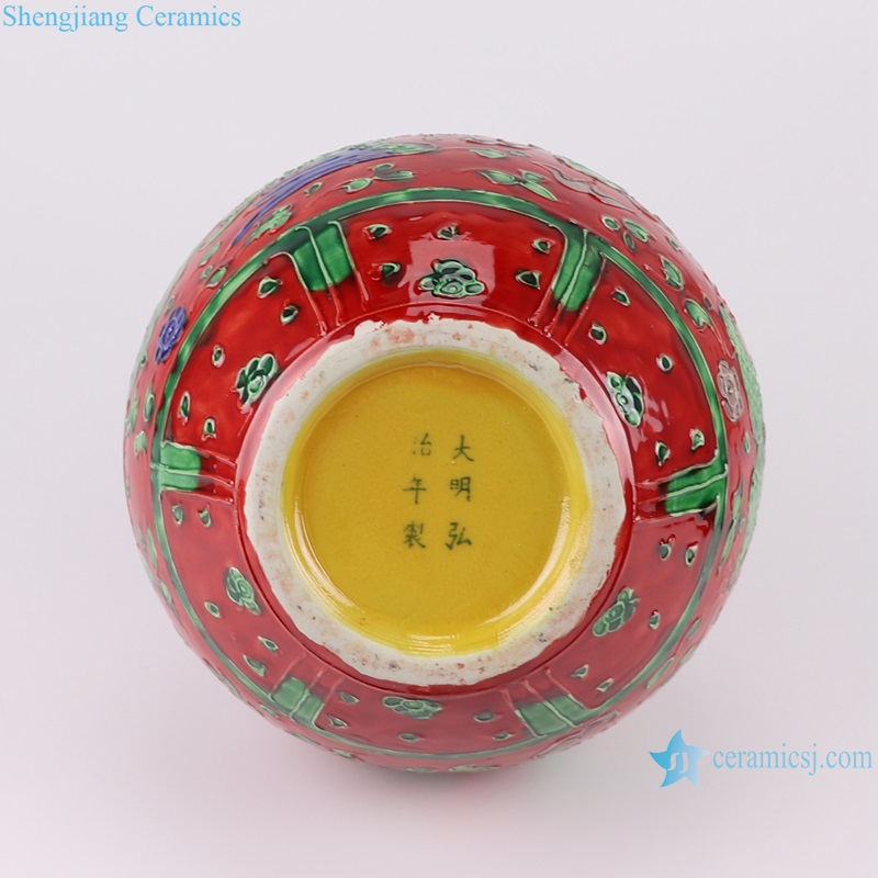 RXAJ01 Carved dragon and phoenix Mandarin ducks playing Porcelain Yellow Red Blue Green Lotus Pattern Ceramic Globular Vase