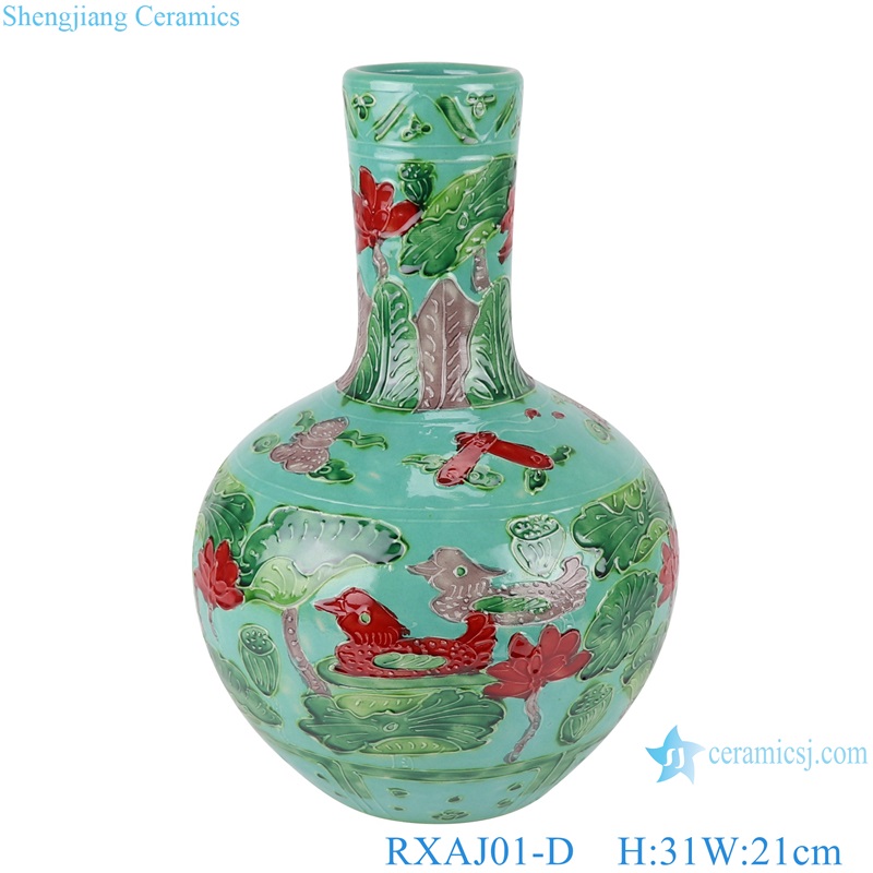 Carved dragon and phoenix Mandarin ducks playing in the water Porcelain Yellow Red Glazed Lotus Pattern Ceramic Vase
