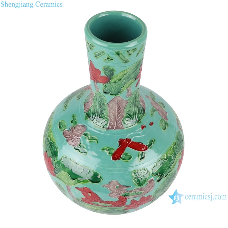 RXAJ02-A-B-C Carved dragon and phoenix Mandarin ducks playing in the water Porcelain Yellow Red Glazed Lotus Pattern Ceramic Vase