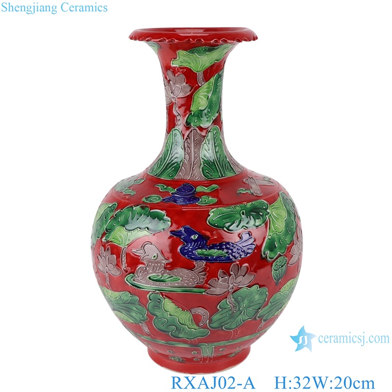 RXAJ02-A-B-C Carved dragon and phoenix Mandarin ducks playing in the water Porcelain Yellow Red Glazed Lotus Pattern Ceramic Vase