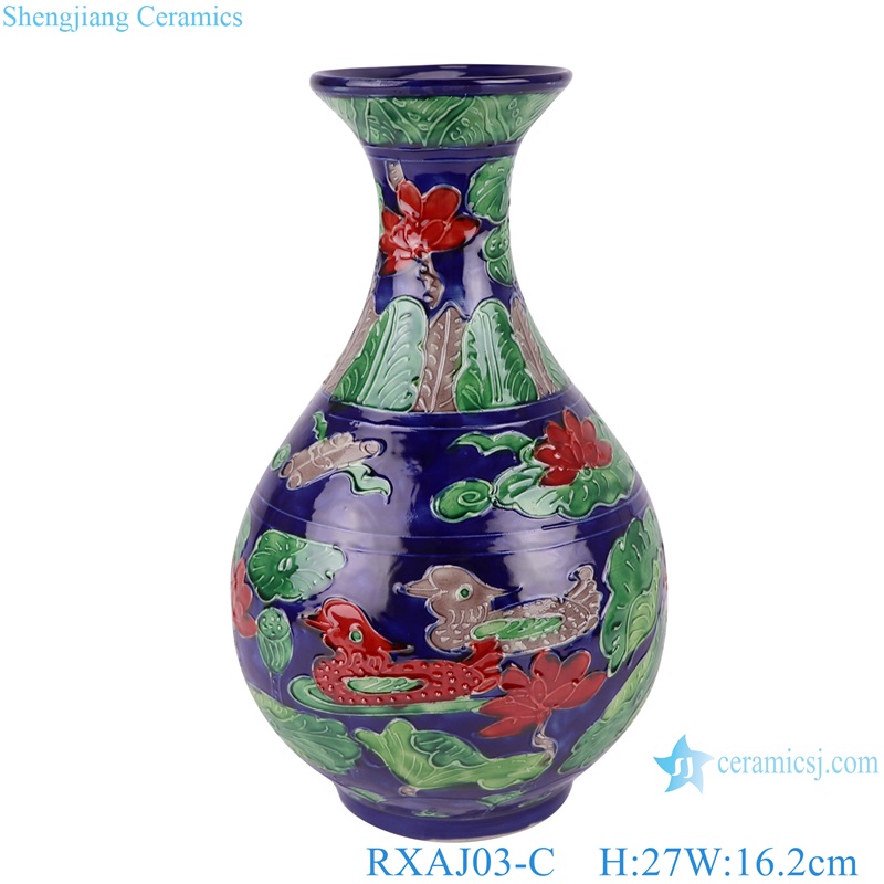 Mandarin ducks playing Carved Porcelain Dark Blue color Glazed Lotus Pattern Ceramic Pulm Vase