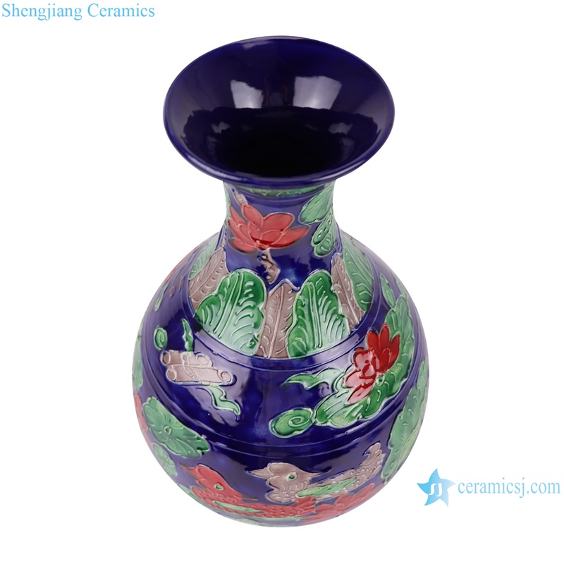 RXAJ03-C/RXAJ04 Mandarin ducks playing Carved Porcelain Dark Blue color Glazed Lotus Pattern Ceramic Pulm Vase