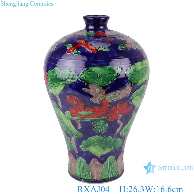 RXAJ03-C/RXAJ04 Mandarin ducks playing Carved Porcelain Dark Blue color Glazed Lotus Pattern Ceramic Pulm Vase