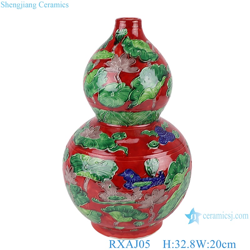 Carved Mandarin ducks playing Red Color Glazed Lotus design Ceramic Gourd shape Vase