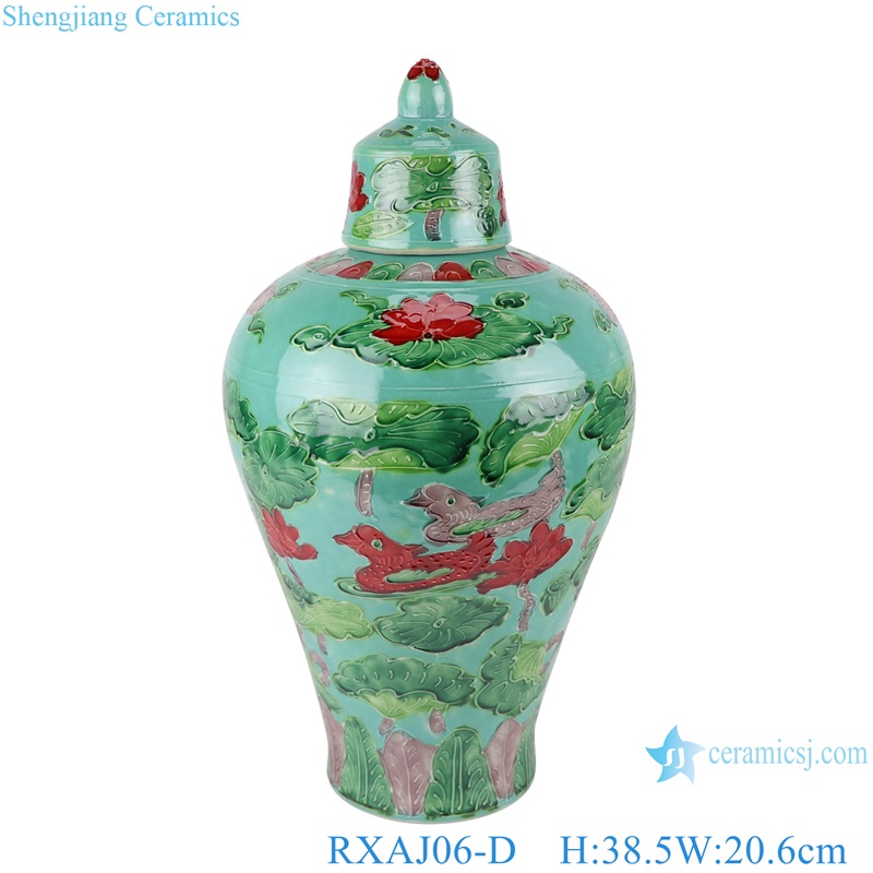 RXAJ06-A-B Carved Mandarin ducks playing Yellow and Red color Glazed Lotus Pattern Porcelain Jars Pot