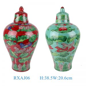 RXAJ06-A-B Carved Mandarin ducks playing Yellow and Red color Glazed Lotus Pattern Porcelain Jars Pot