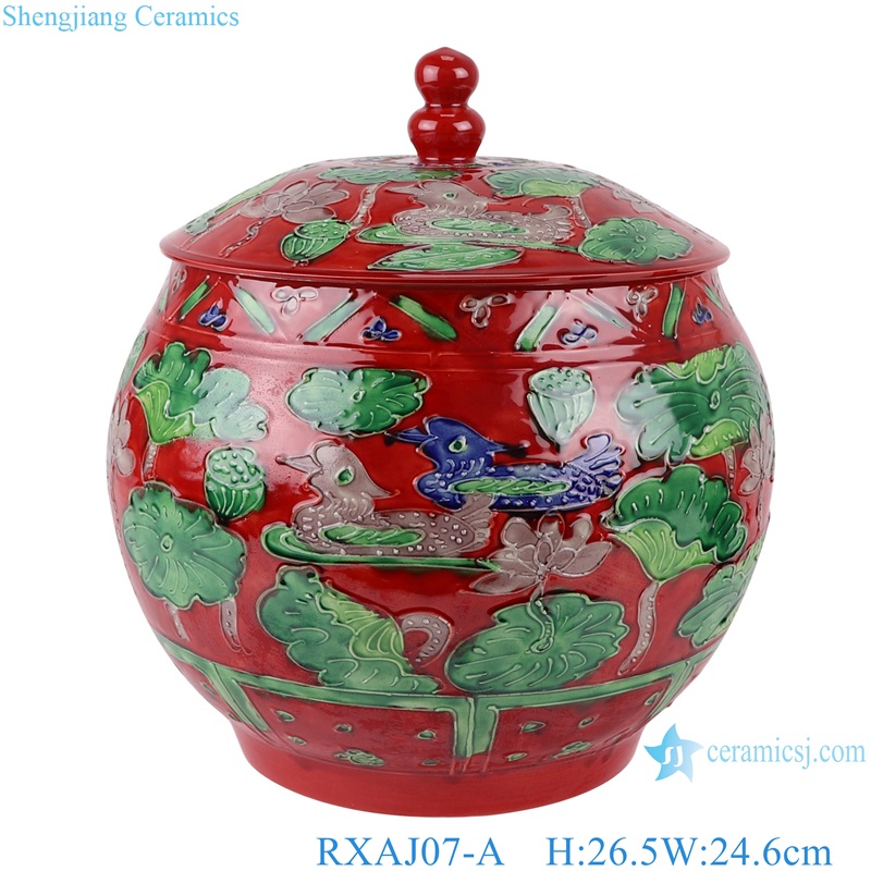 Carved dragon and phoenix Mandarin ducks playing Yellow Red color Glazed with Lotus Pattern Big Belly Porcelain Jars