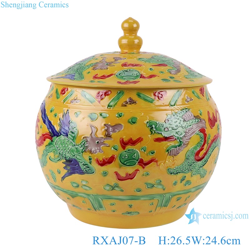 RXAJ07-A-B Carved dragon and phoenix Mandarin ducks playing Yellow Red color Glazed with Lotus Pattern Big Belly Porcelain Jars
