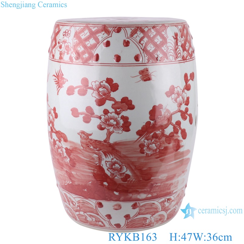 Flower and Bird Desgin Alum red Porcelain Home Garden Drum Stool Ceramic Cool Pier