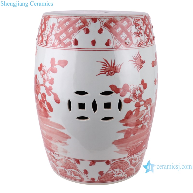 RYKB163 Flower and Bird Desgin Alum red Porcelain Home Garden Drum Stool Ceramic Cool Pier