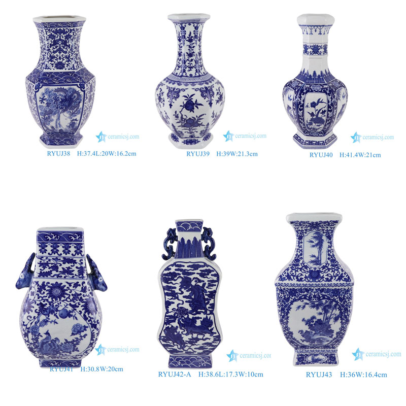 RYUJ43 Blue and white interlocking lotus opening-window flowers and birds four sides porcelain vase