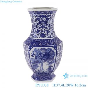 RYUJ38 Blue and white interlocking lotus opening-window dragon pattern six-sided porcelain vase