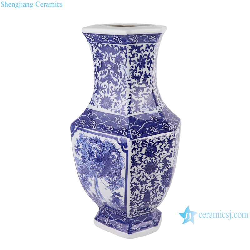 RYUJ38 Blue and white interlocking lotus opening-window dragon pattern six-sided porcelain vase