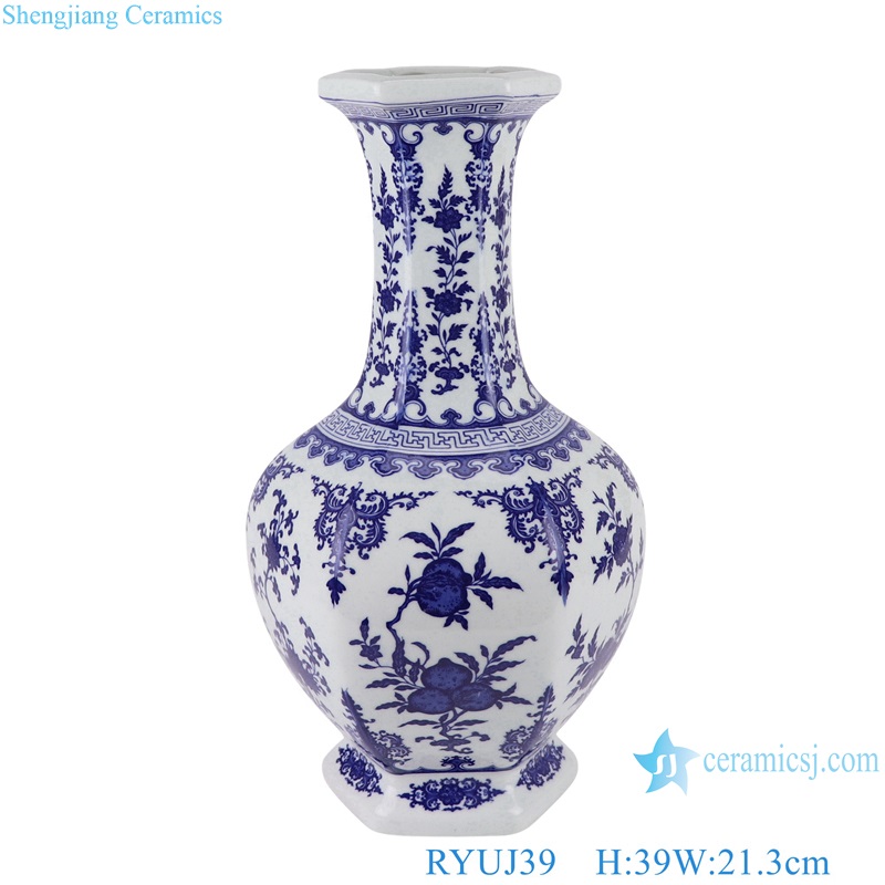 RYUJ39 Blue and white peach flowers and plants pattern hexagon porcelain vase