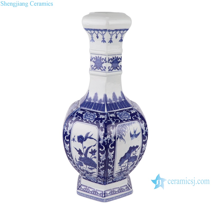 RYUJ40 Blue and white opening-window flowers birds and lotus patterns hexagon porcelain vase