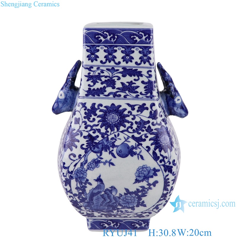 RYUJ41 Blue and white interlocking lotus opening-window flower bird pattern deer handle four sides blessing decorative bottle