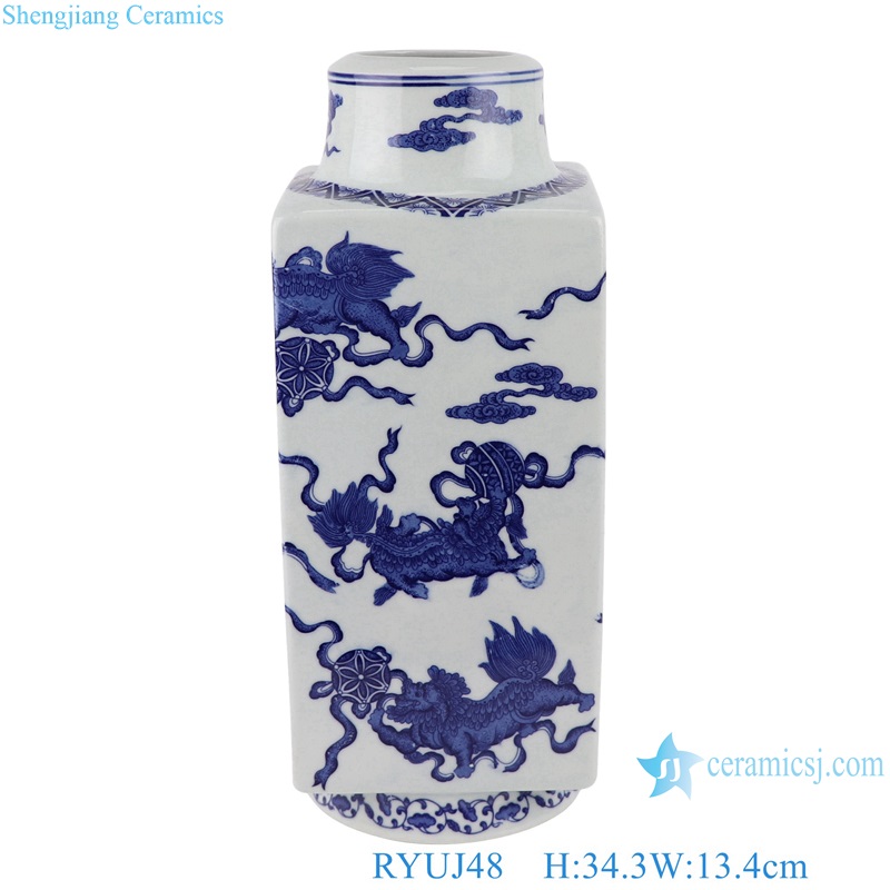 RYUJ48 Blue and white lion pattern square straight porcelain tea pot