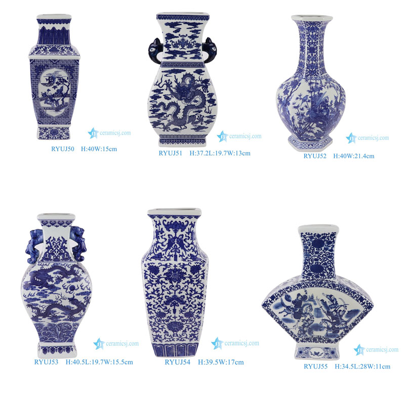 RYUJ40 Blue and white opening-window flowers birds and lotus patterns hexagon porcelain vase