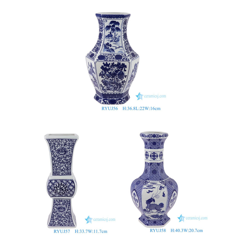 RYUJ43 Blue and white interlocking lotus opening-window flowers and birds four sides porcelain vase