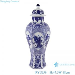 RYUJ59 Blue and white interlocking branches lotus opening window landscape pattern eight sides big ceramic jar