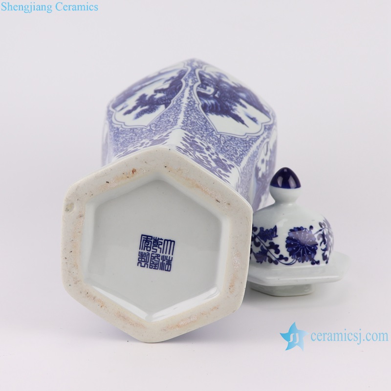 RYUJ59 Blue and white interlocking branches lotus opening window landscape pattern eight sides big ceramic jar