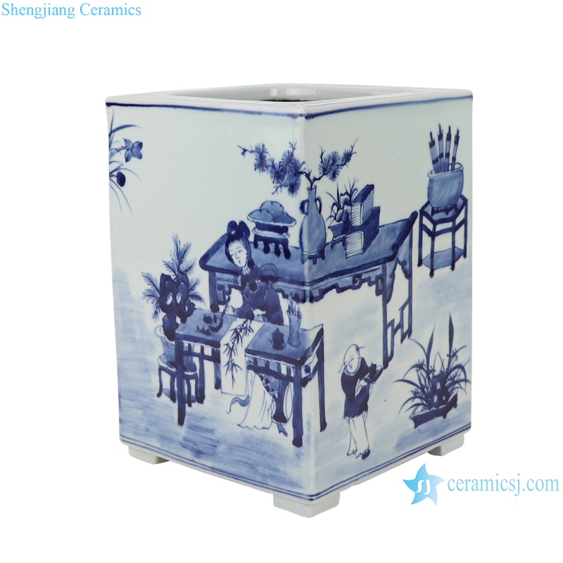 RYUK46 Blue and white lady children figure square porcelain pot