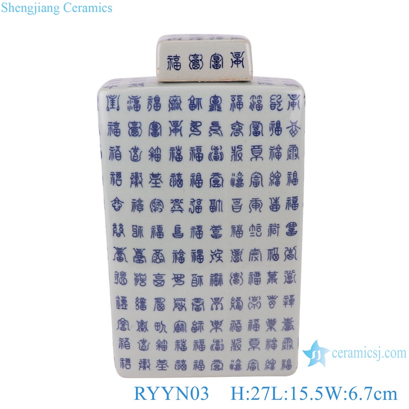 Blue and white Blessing longevity Fu Lu Shou Letters Square Ceramic Pot Lidded Jars