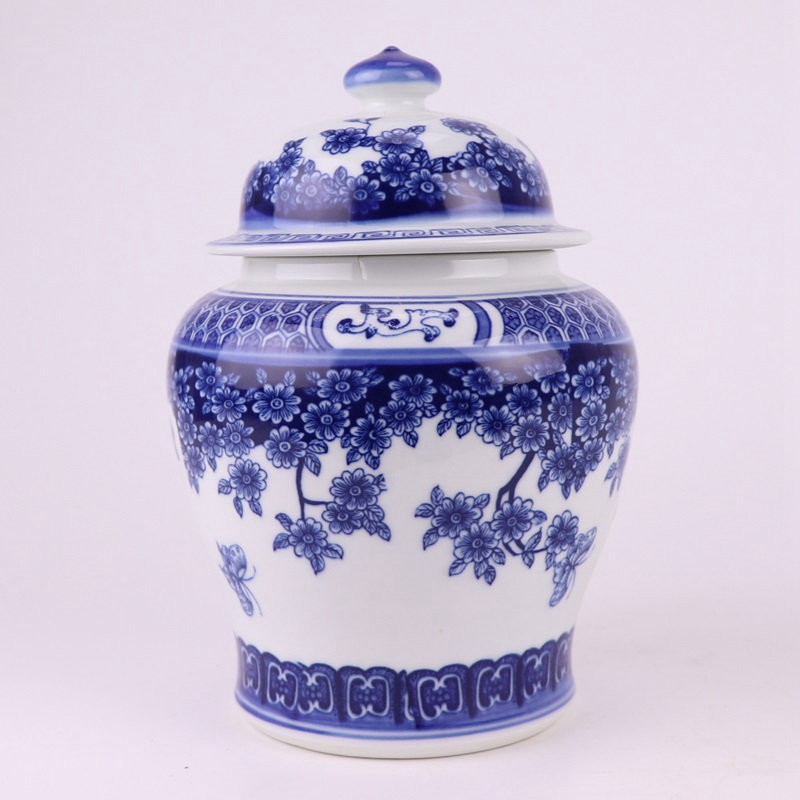 RZBO19-B Blue and white Ceramic Storage Pot Butterfly Flower Pattern Porcelain Lidded Jars