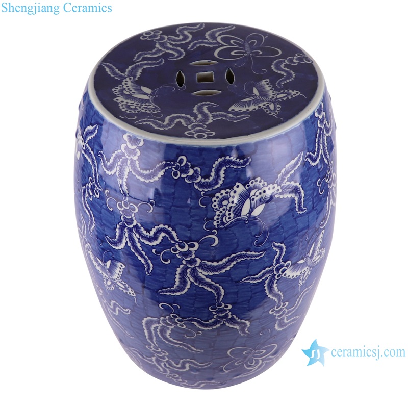RZMA26 Jingdezhen Blue and White Porcelain Dark Blue Glazed Color Butterfly Pattern Porcelain Drum Stool
