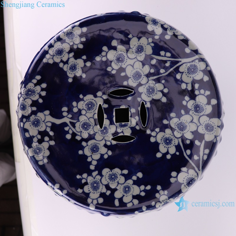 RZMA27 Jingdezhen Ice Plum Blossom design Dark Blue Glazed Ceramic Drum Stool Cool Pier