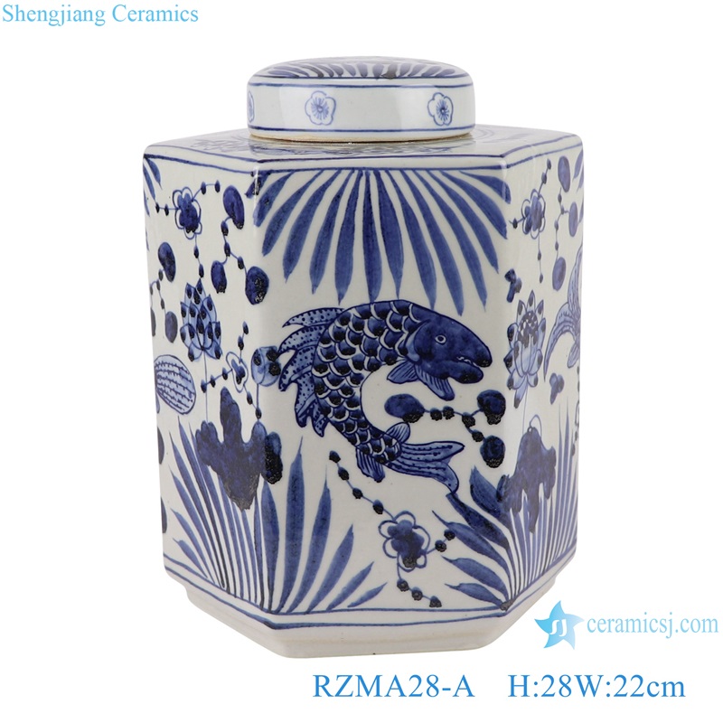 Jingdezhen Blue and White fish line and patterns Flower bird Hexahedron shape Porcelain Jars Tea Canister