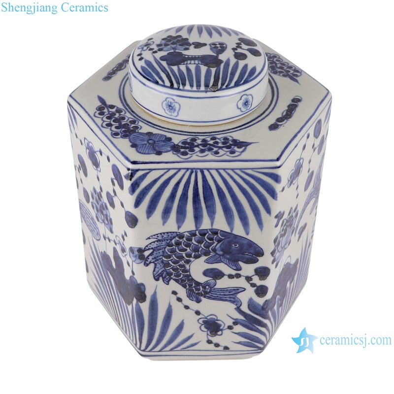 RZMA28-A-B Jingdezhen Blue and White fish line and patterns Flower bird Hexahedron shape Porcelain Jars Tea Canister