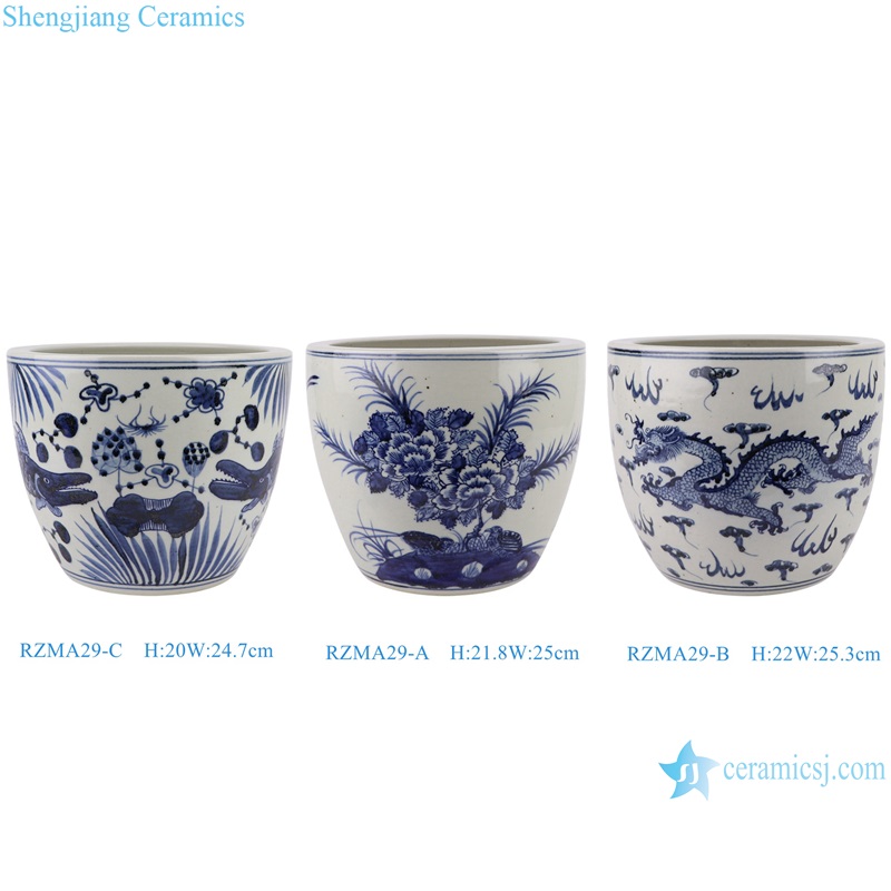RZMA29-A-B-C Jingdezhen Porcelain Blue and White Dragon fish Pattern Flower Bird Ceramic Pot Planter
