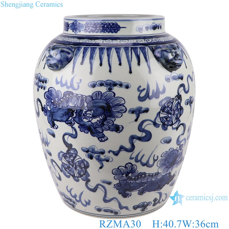 Blue and white Porcelain Jingdezhen Handpainted Lion Pattern Ceramic Pot Bowl 