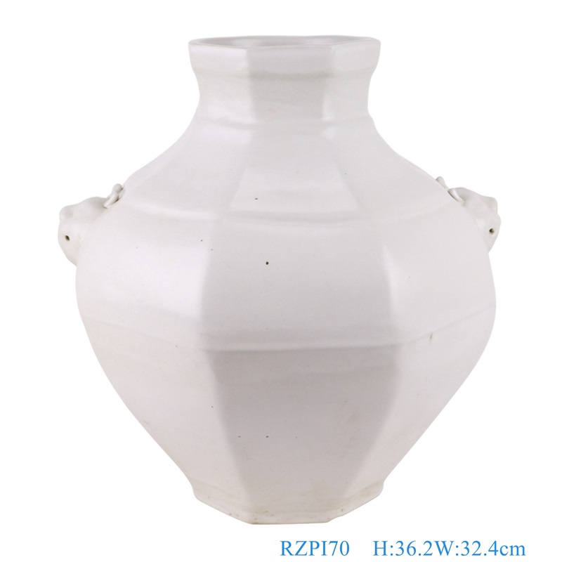 Porcelain White Glazed Iregular Octahedral shape Ceramic Pot Vase Decoration with Lion head