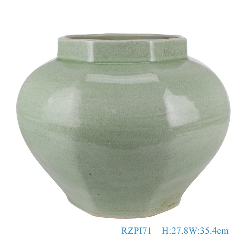Porcelain home decoration Green Glazed Crack Octahedron Shape Ceramic Vase Pot 