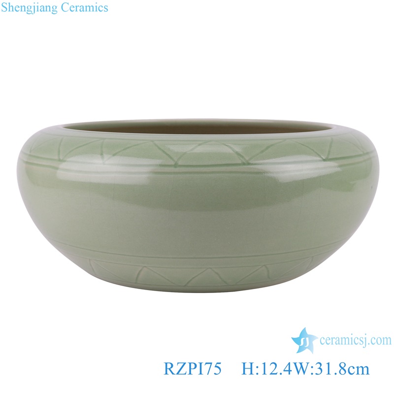 Green Color Glazed Line Carved Shallow water washing Bowl Ceramic Planter fish bowl