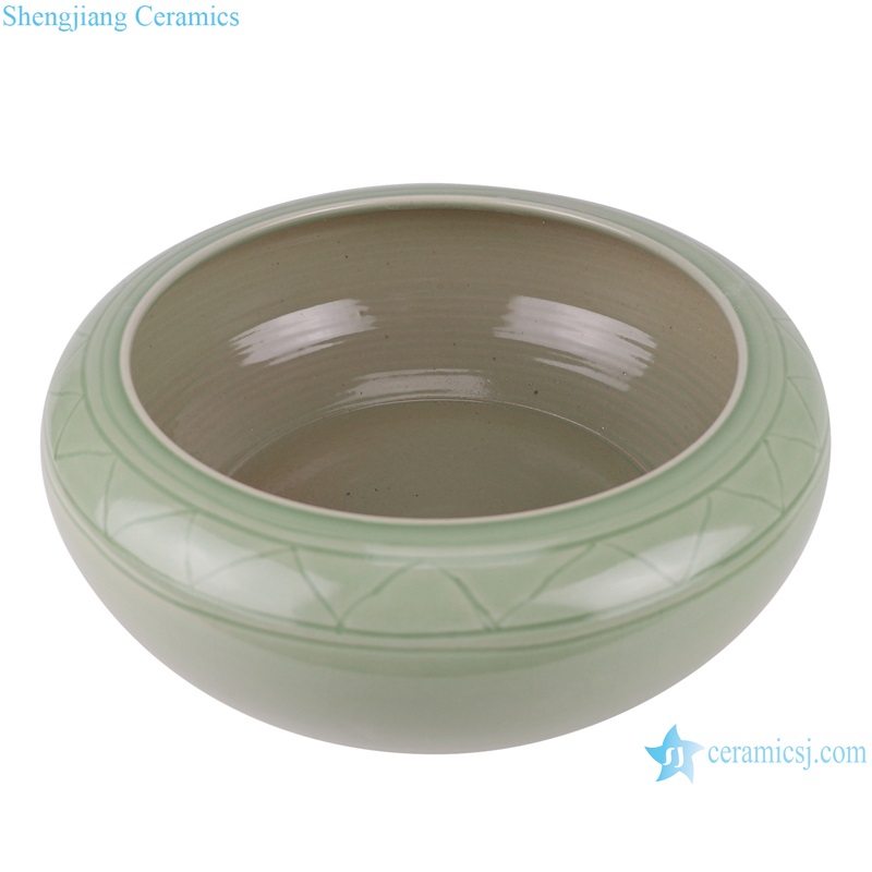 RZPI75 Green Color Glazed Line Carved Shallow water washing Bowl Ceramic Planter fish bowl