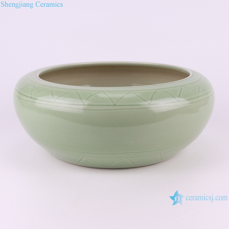 RZPI75 Green Color Glazed Line Carved Shallow water washing Bowl Ceramic Planter fish bowl