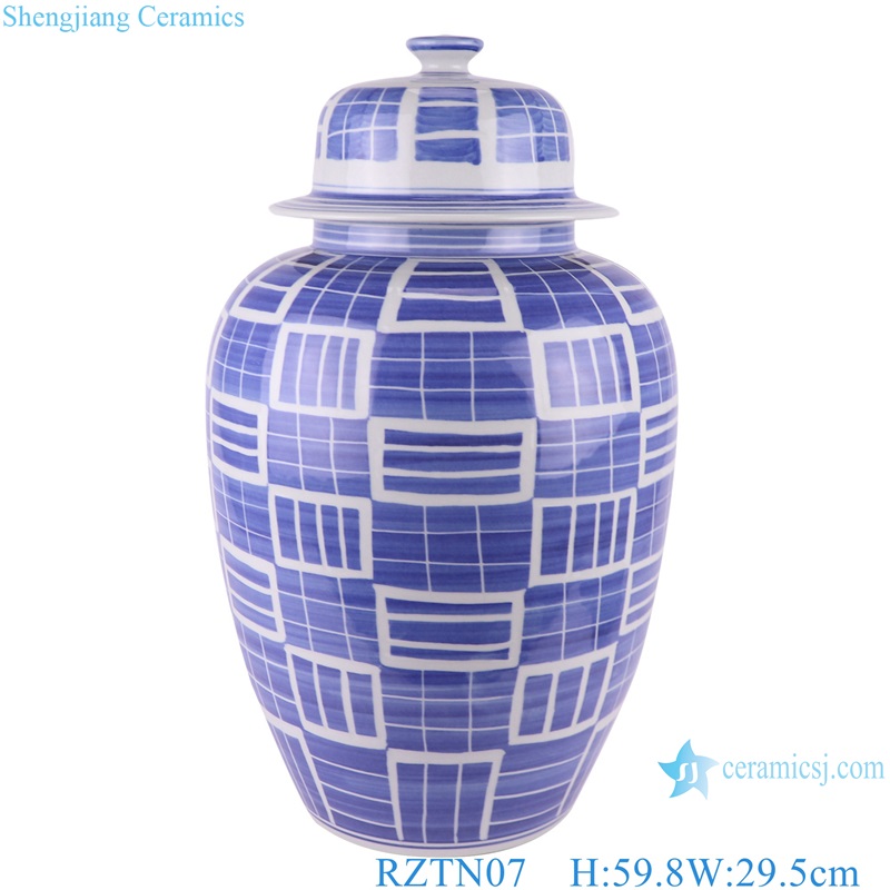 Jingdezhen Blue and white Geometric Design Ceramic Storage Pot Temple Lidded Ginger Jars 