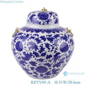 RZTY05-A Blue and white lotus pattern porcelian vase with copper ring handle