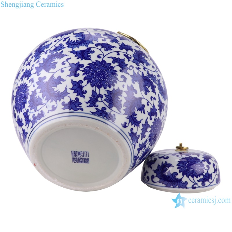 RZTY05-A Blue and white lotus pattern porcelain vase with copper ring handle