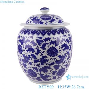 RZTY09 Blue and white interlocking lotus pattern porcelain jar with lid