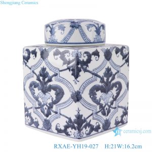 RXAE-YH19-027 Blue and white Porcelain Flower design Square shape Ceramic Tea Jars Pot Canister