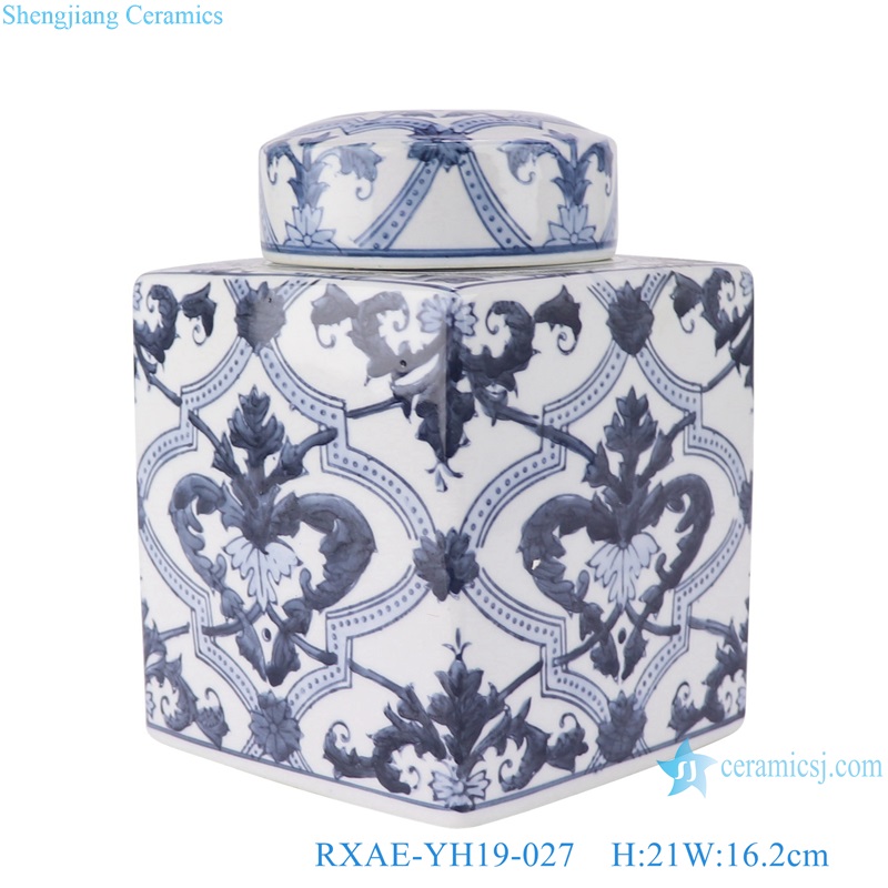 Blue and white Porcelain Flower design Square shape Ceramic Tea Jars Pot Canister