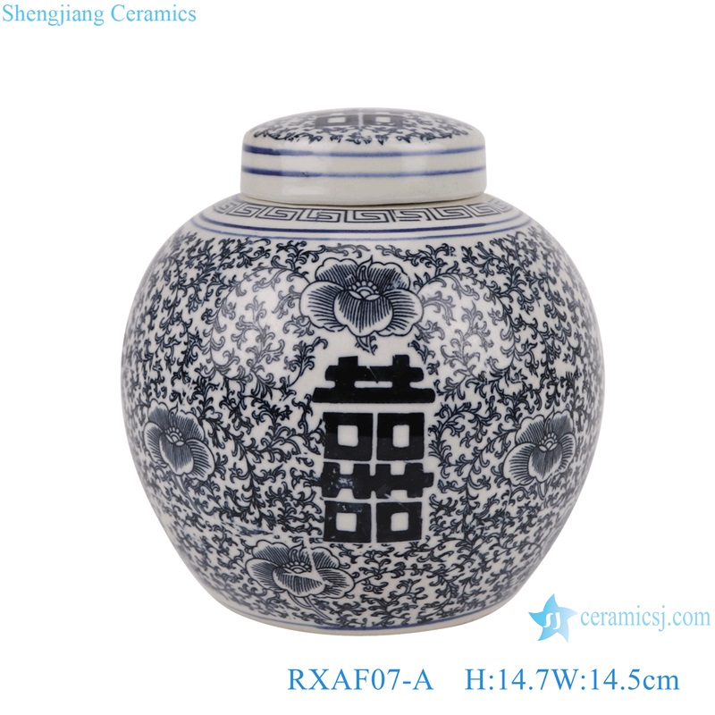 Happiness Letters Twisted flower Pattern Blue and White Porcelain Tea Canister Pot